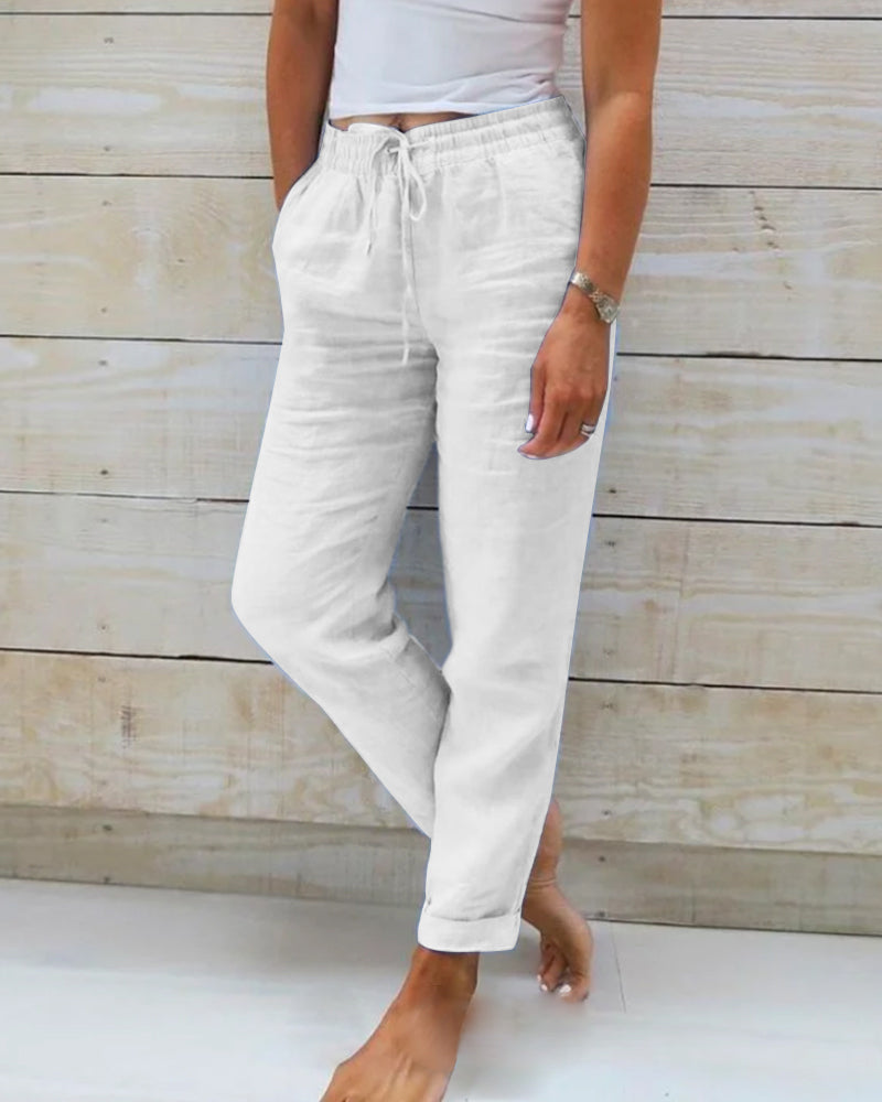 Lightweight White Linen Pants with Elastic 1