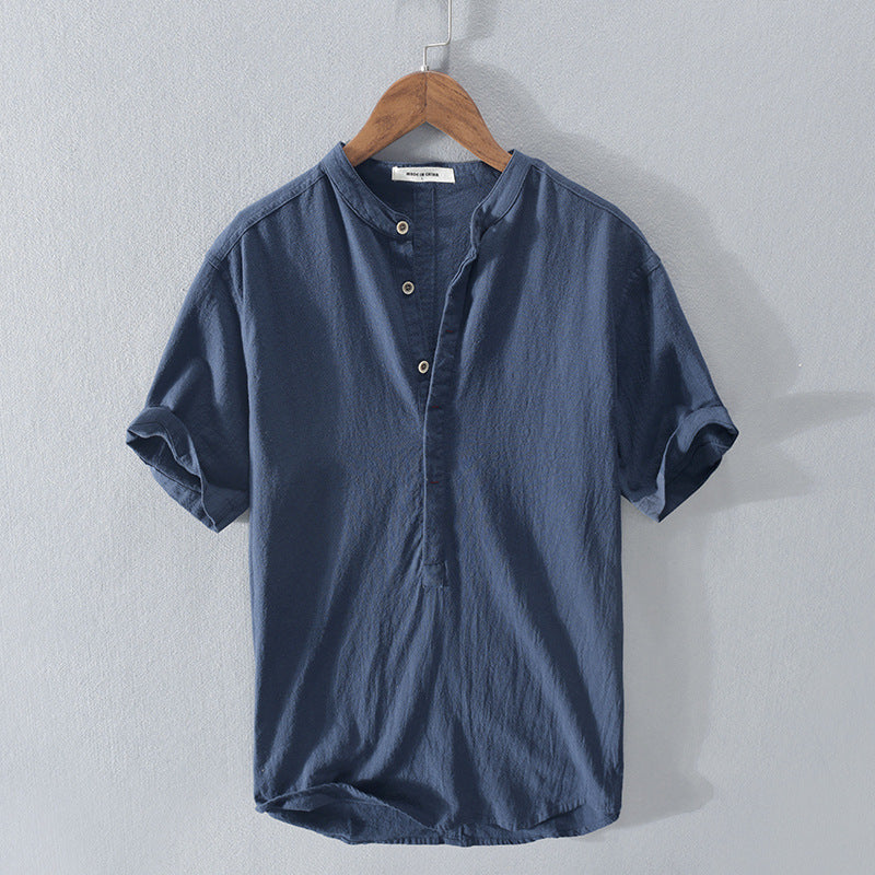 Linen Short Sleeve Men's Shirt with Mandarin Collar – Breathable 0