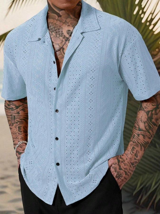 Men's Camp Collar Shirt | Linen Short Sleeve with Open Stitch Detail | Relaxed Fit for Summer Comfort 0
