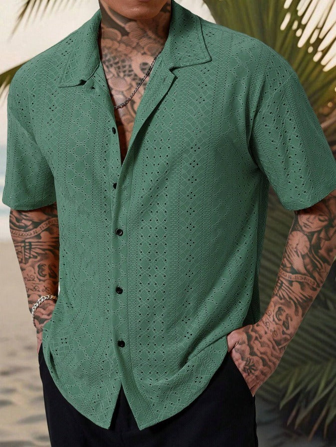Men's Camp Collar Shirt | Linen Short Sleeve with Open Stitch Detail | Relaxed Fit for Summer Comfort 1
