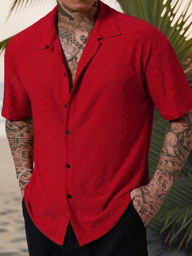 Men's Camp Collar Shirt | Linen Short Sleeve with Open Stitch Detail | Relaxed Fit for Summer Comfort 2