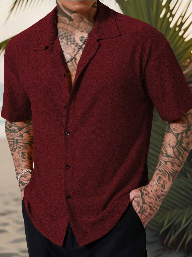 Men's Camp Collar Shirt | Linen Short Sleeve with Open Stitch Detail | Relaxed Fit for Summer Comfort 3