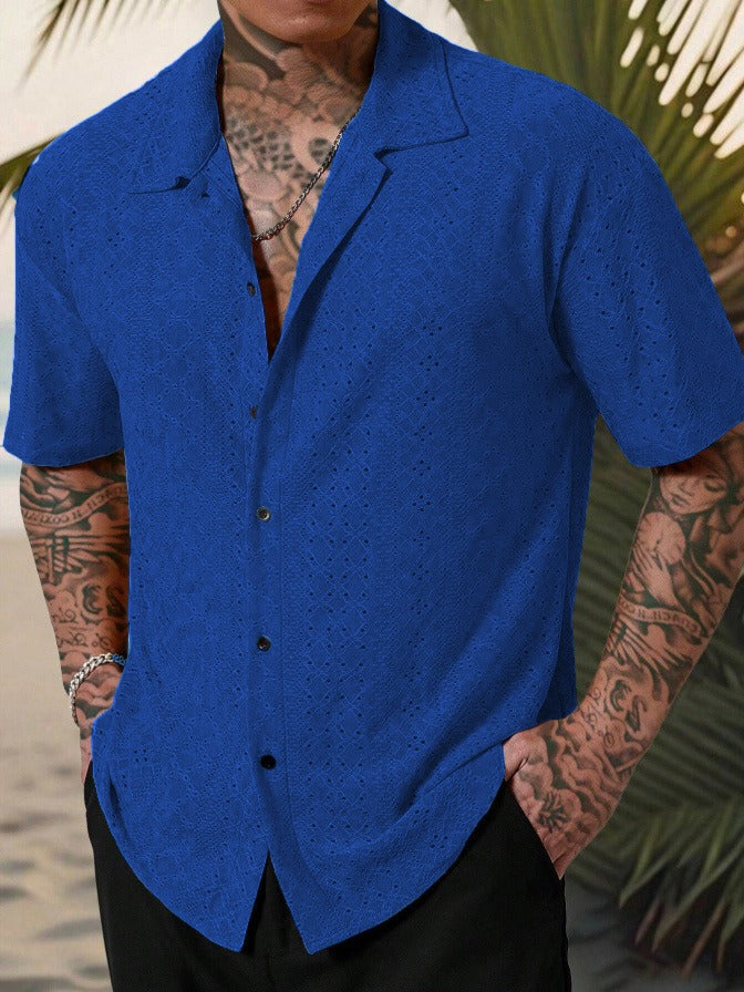 Men's Camp Collar Shirt | Linen Short Sleeve with Open Stitch Detail | Relaxed Fit for Summer Comfort 4