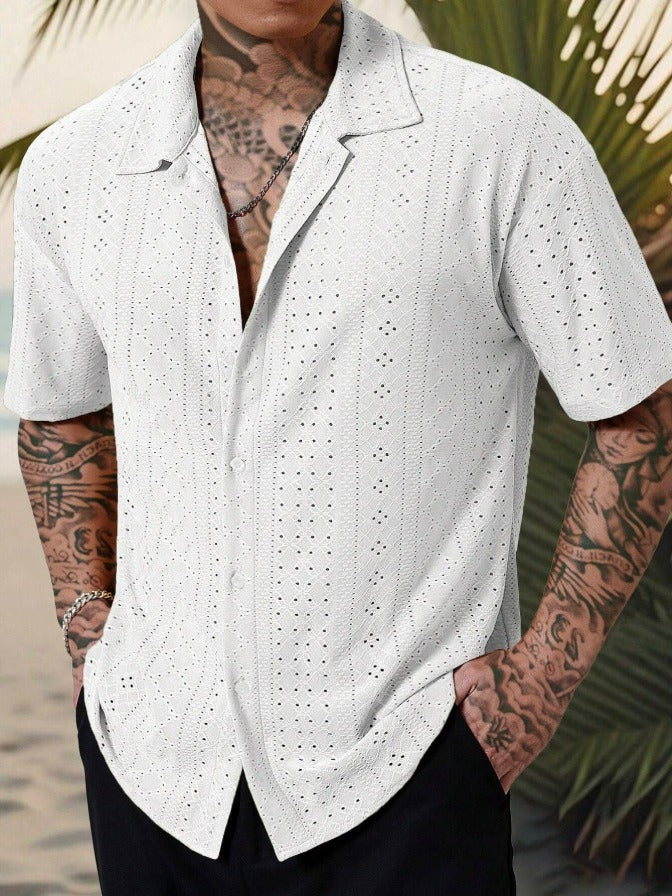 Men's Camp Collar Shirt | Linen Short Sleeve with Open Stitch Detail | Relaxed Fit for Summer Comfort 5