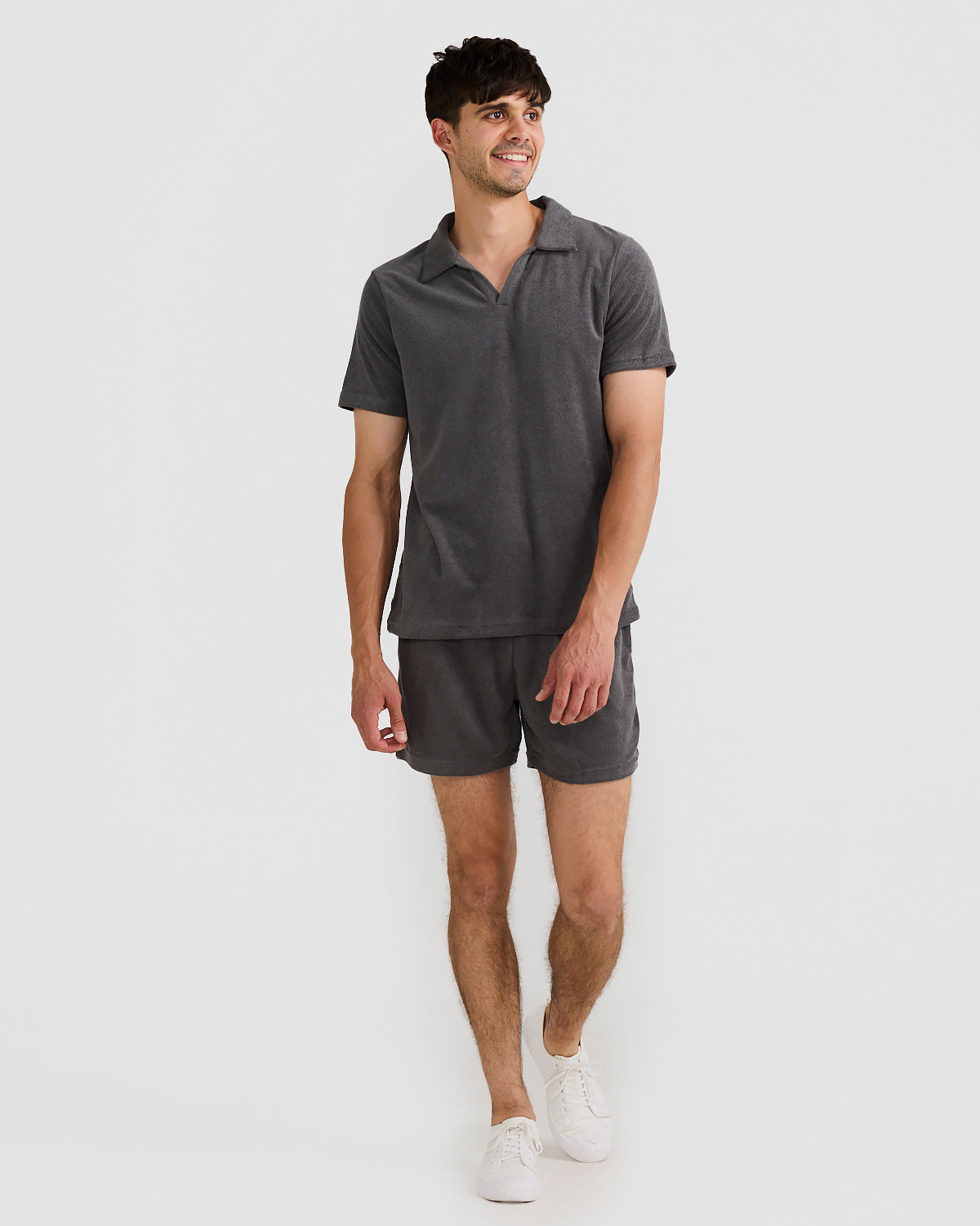 Men's Charcoal Terry Shorts with Relaxed Fit & Elastic Waistband 4