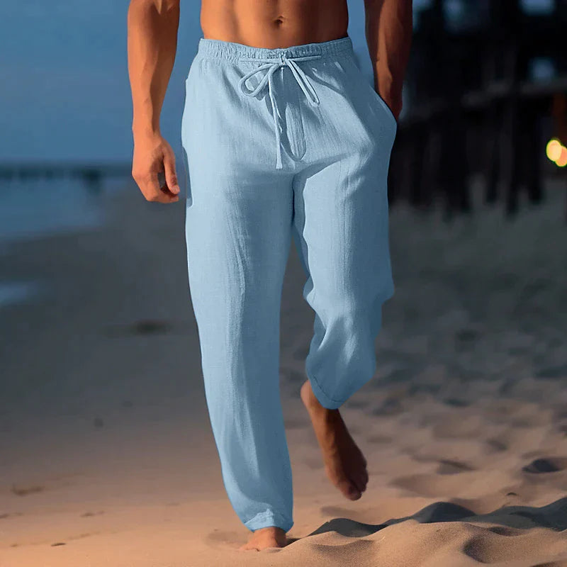Men's Linen Trousers with Elastic Waist & Drawstring – Breathable 0