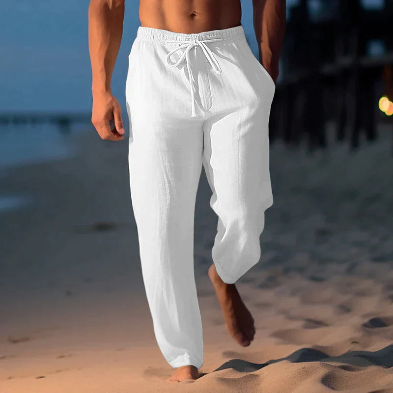 Men's Linen Trousers with Elastic Waist & Drawstring – Breathable 1
