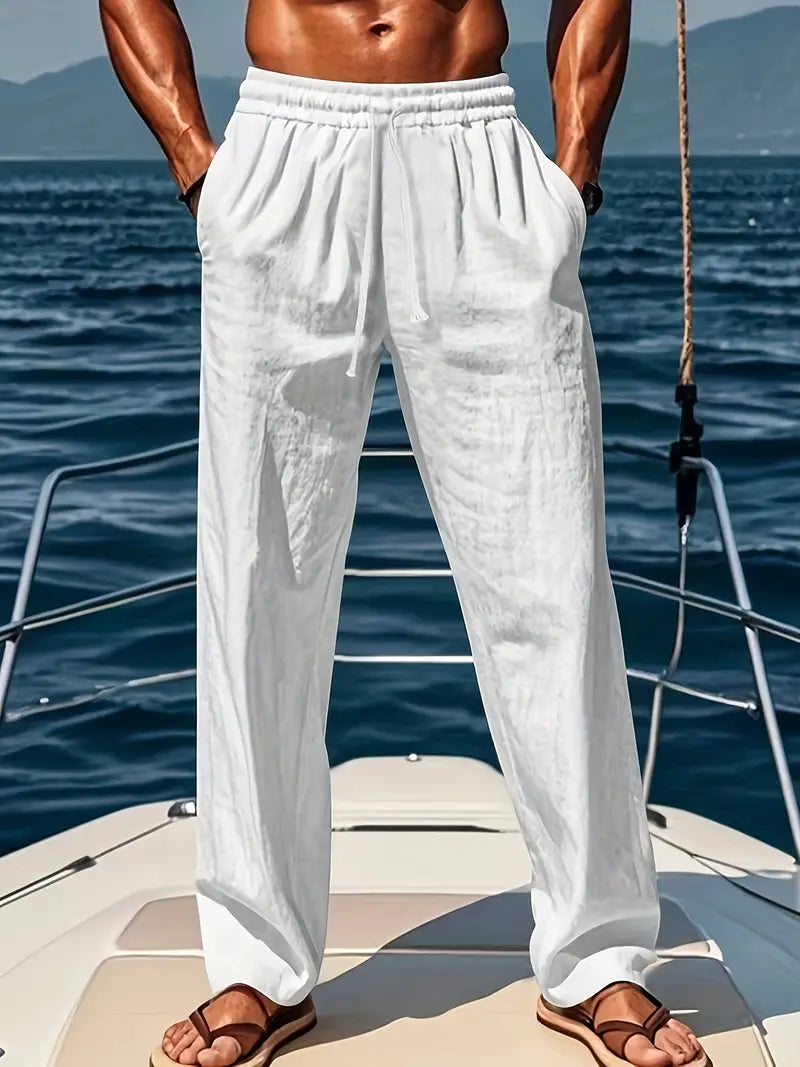 Men's Linen Trousers with Elastic Waistband Loose Fit for 0
