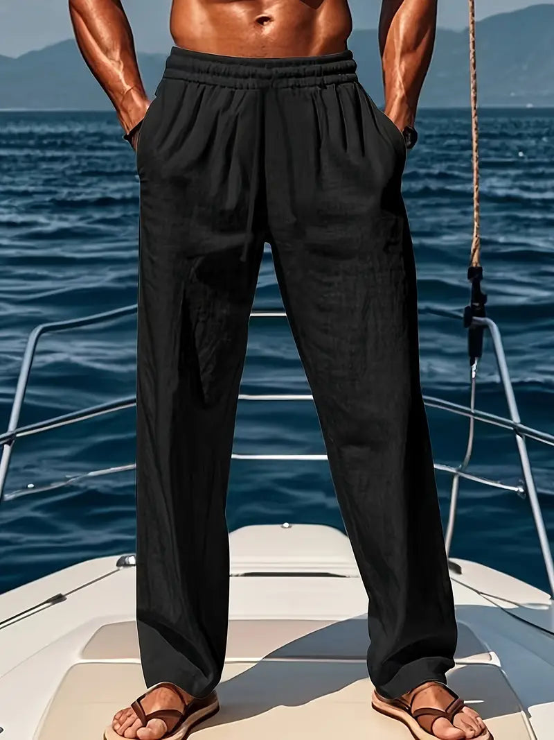 Men's Linen Trousers with Elastic Waistband Loose Fit for 3