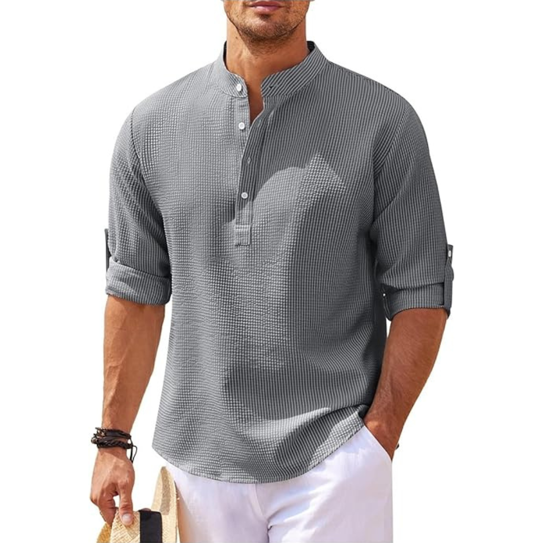 Men's Shirt with Band Collar & Roll-Up Sleeves Versatile Style 0