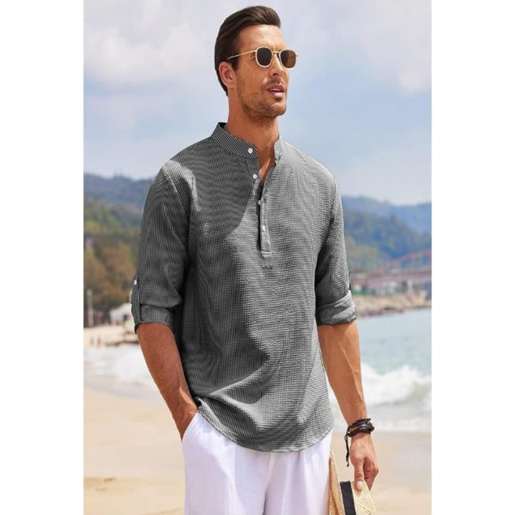 Men's Shirt with Band Collar & Roll-Up Sleeves Versatile Style 1