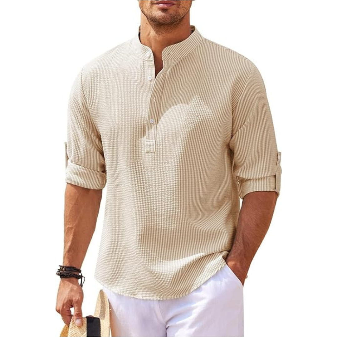 Men's Shirt with Band Collar & Roll-Up Sleeves Versatile Style 2