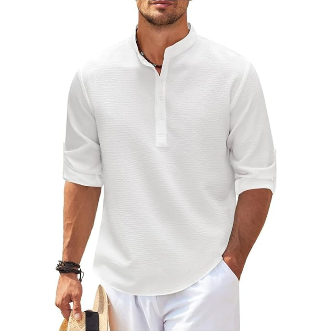 Men's Shirt with Band Collar & Roll-Up Sleeves Versatile Style 3