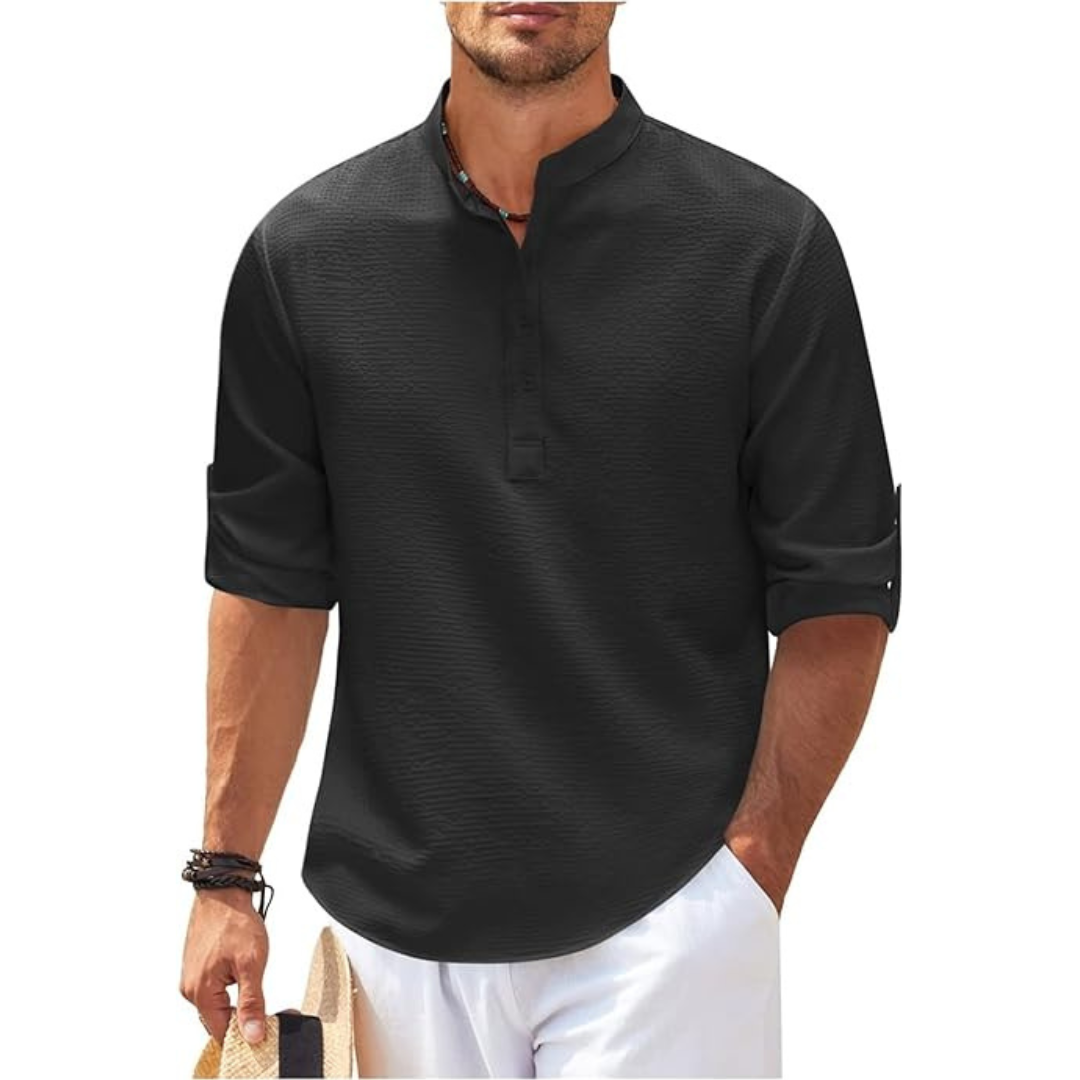 Men's Shirt with Band Collar & Roll-Up Sleeves Versatile Style 4