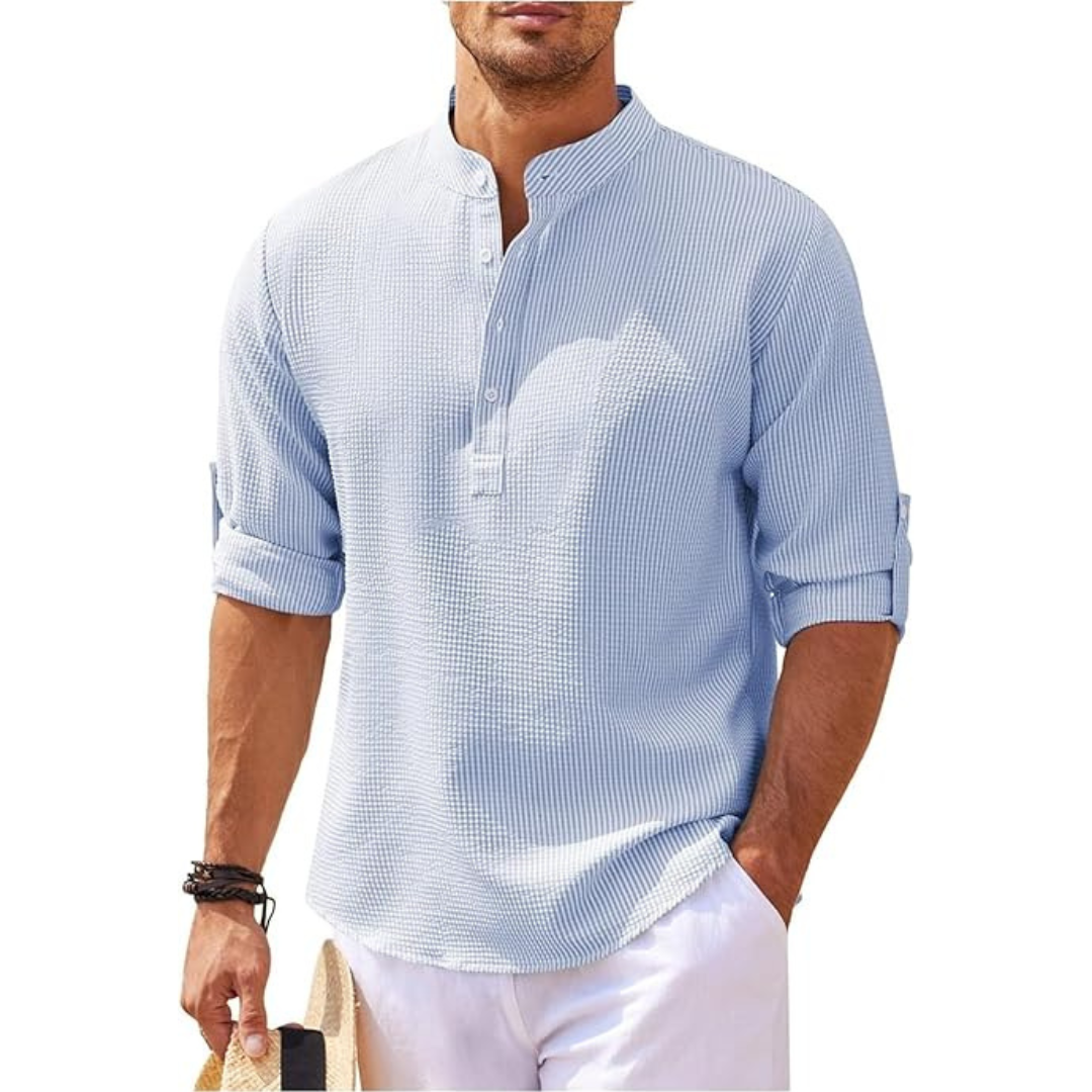 Men's Shirt with Band Collar & Roll-Up Sleeves Versatile Style 5