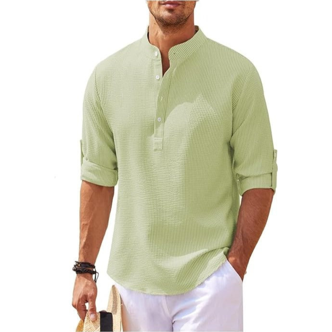 Men's Shirt with Band Collar & Roll-Up Sleeves Versatile Style 6