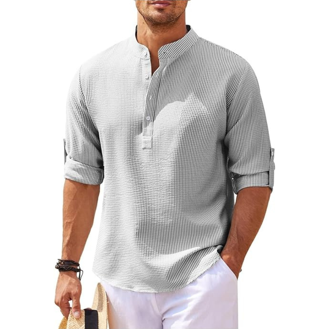 Men's Shirt with Band Collar & Roll-Up Sleeves Versatile Style 7