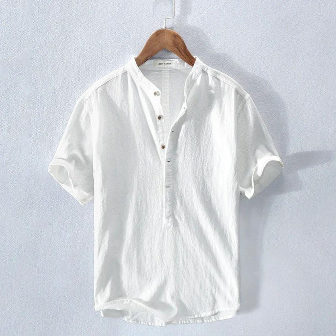 Men's White Linen Shirt with Mandarin Collar 0