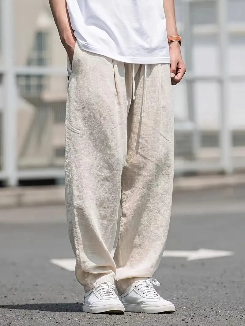 Mens Linen Pants Oversized Wide Leg Design With Adjustable 0