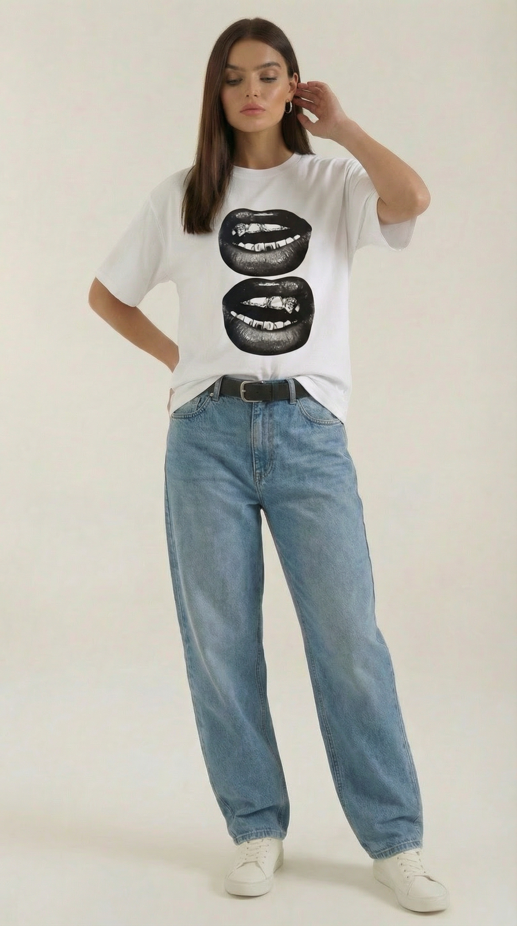 Natalia Graphic T-Shirt — Women’s Pop Art Lip Print Heavyweight Boxy Fit Cropped Sleeve Streetwear Tee 0