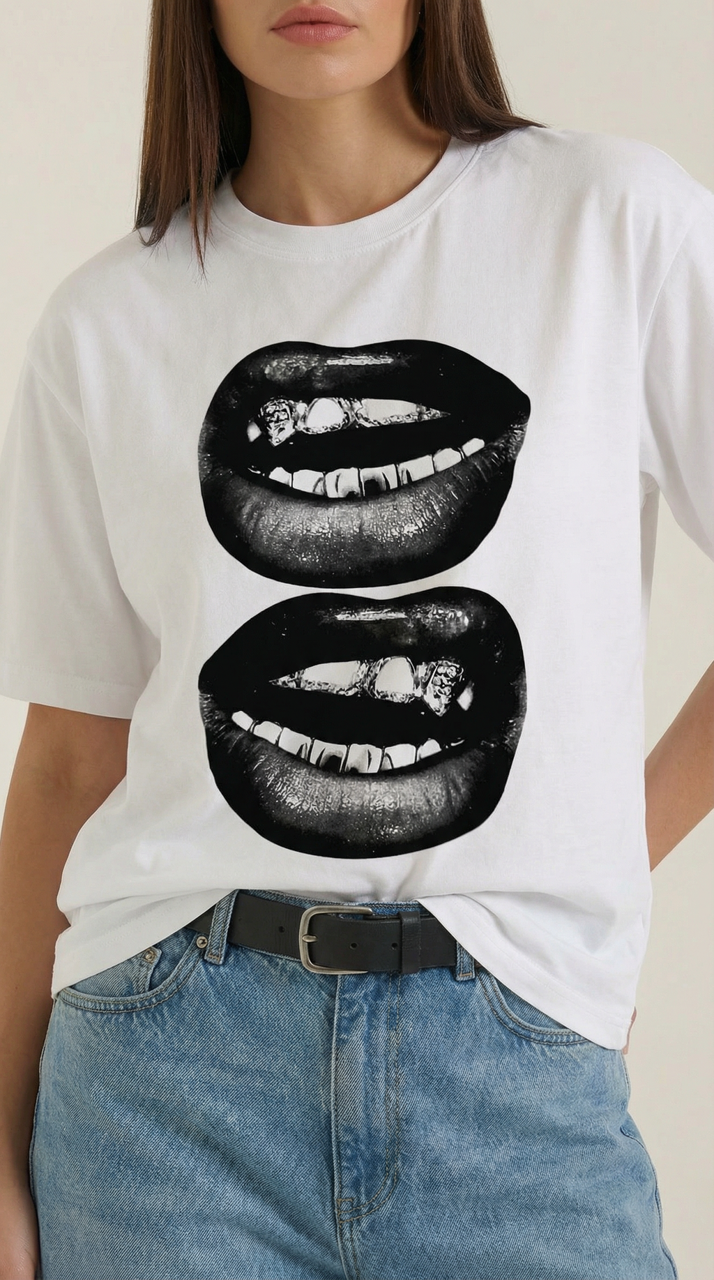 Natalia Graphic T-Shirt — Women’s Pop Art Lip Print Heavyweight Boxy Fit Cropped Sleeve Streetwear Tee 2