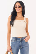 White Rib Knit Tank Top with Ruffle Trim & Elastic Straps | Versatile Layering Piece 0
