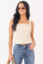 White Rib Knit Tank Top with Ruffle Trim & Elastic Straps | Versatile Layering Piece 0