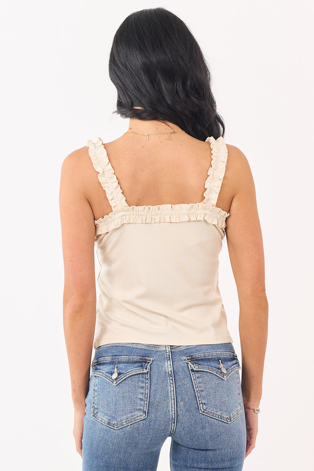 White Rib Knit Tank Top with Ruffle Trim & Elastic Straps | Versatile Layering Piece 4