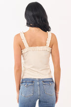 White Rib Knit Tank Top with Ruffle Trim & Elastic Straps | Versatile Layering Piece 4