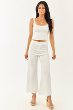 White Wide Leg Pants Women with Stretchy Denim – High Rise Design 0