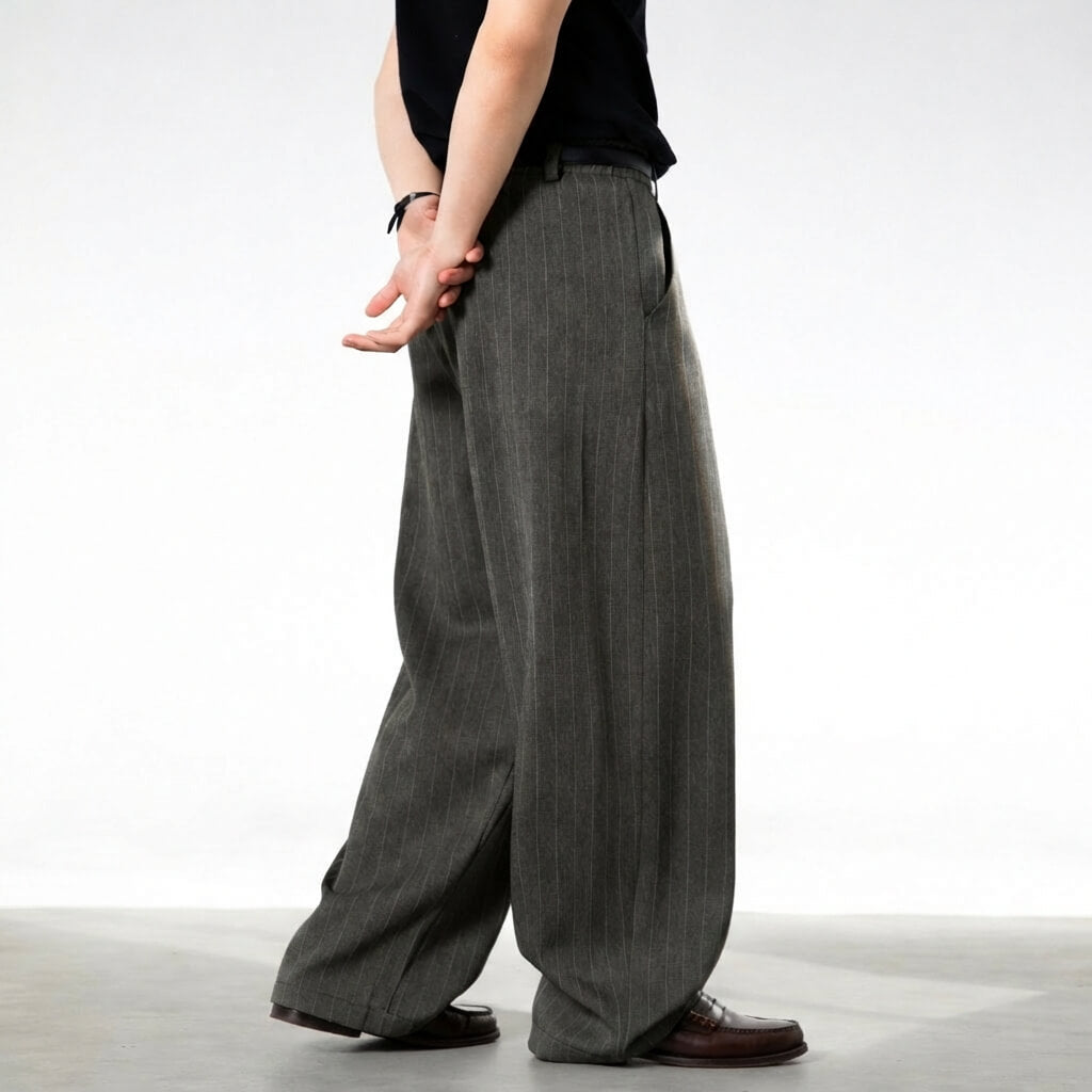 Wide Leg Trousers with Vintage Stripe Pattern – Flowy Fit 1