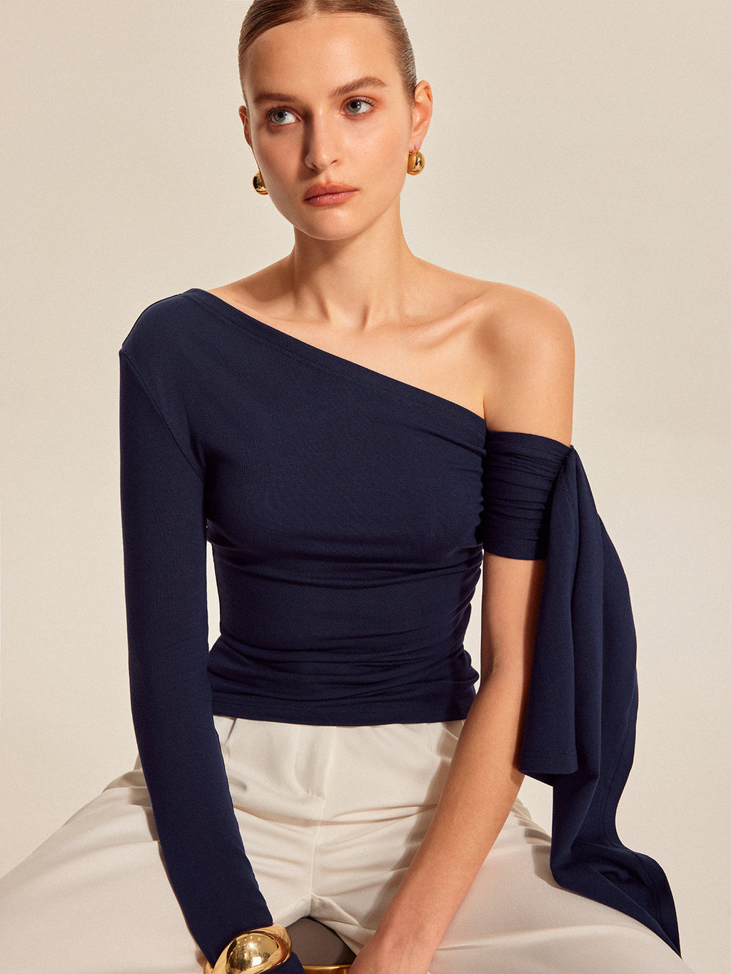 Women’s Asymmetrical Cold Shoulder Top — Long Sleeve Jersey Slim Fit Stretch Work to Casual Blouse 0