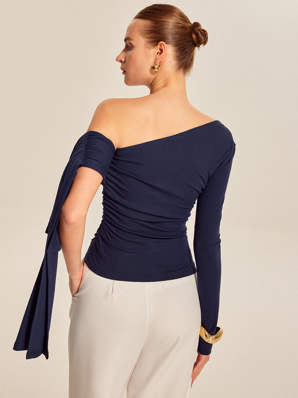 Women’s Asymmetrical Cold Shoulder Top — Long Sleeve Jersey Slim Fit Stretch Work to Casual Blouse 2