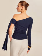 Women’s Asymmetrical Cold Shoulder Top — Long Sleeve Jersey Slim Fit Stretch Work to Casual Blouse 2