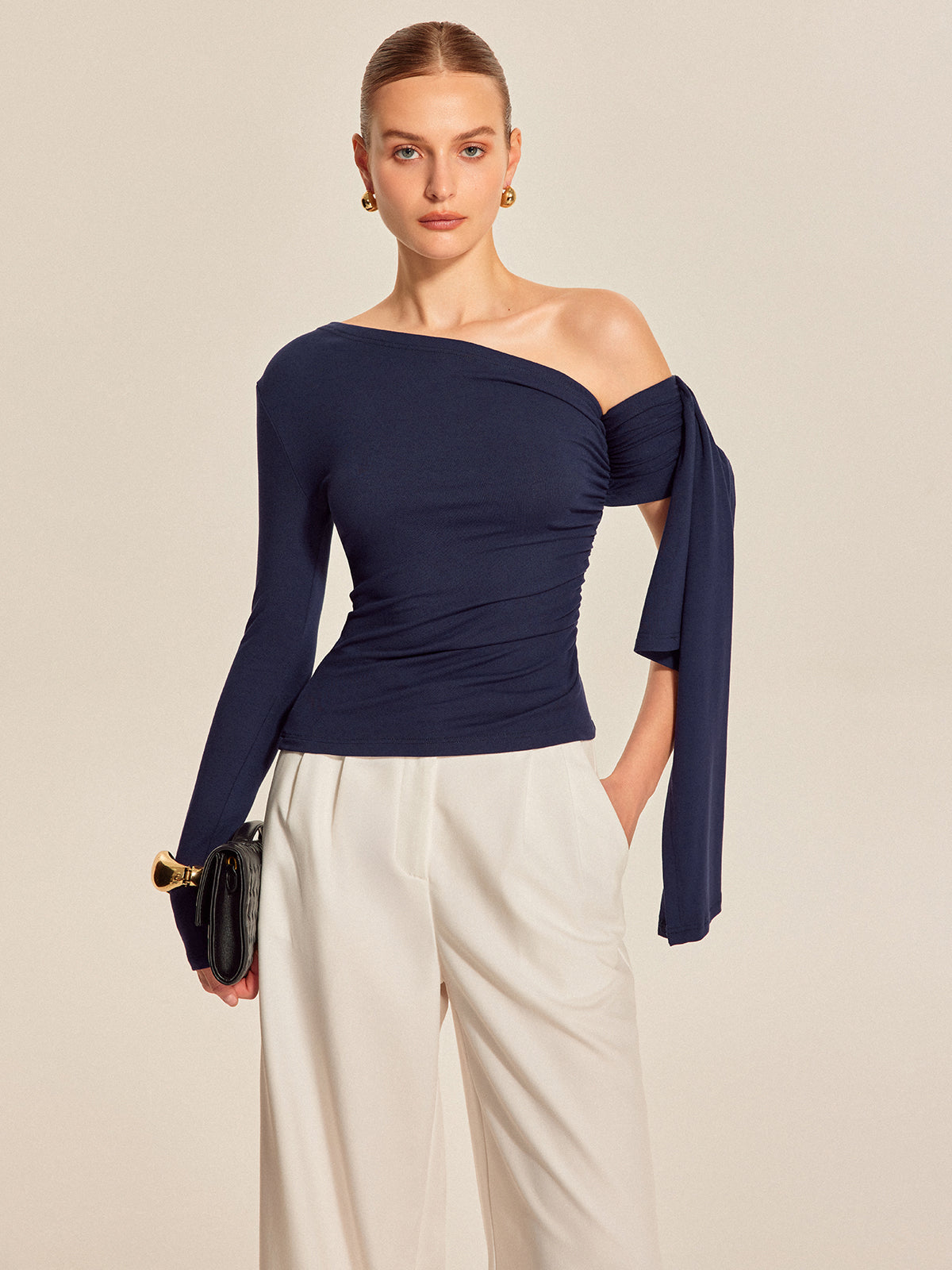 Women’s Asymmetrical Cold Shoulder Top — Long Sleeve Jersey Slim Fit Stretch Work to Casual Blouse 5