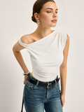 Women’s Asymmetrical Neck Jersey Top — Short Sleeve Stretch Regular Fit Casual Work Essential Blouse 0