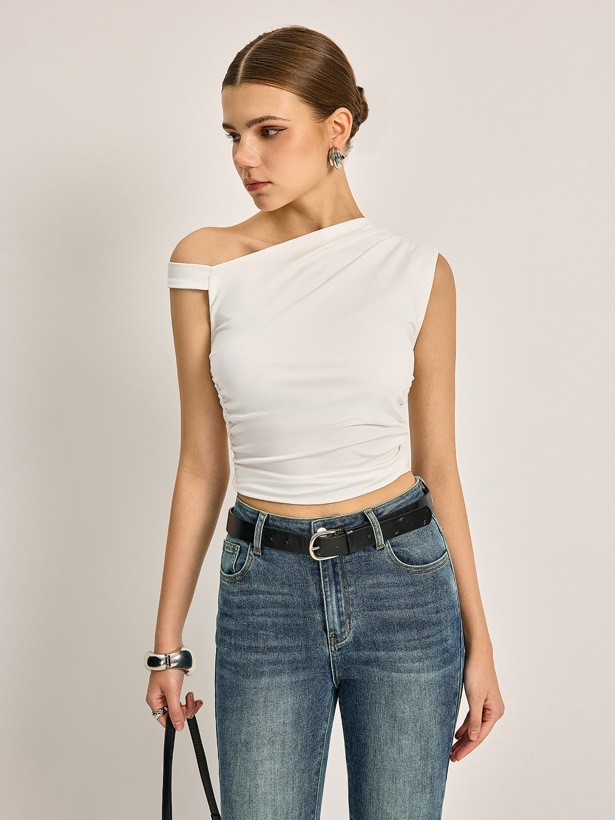 Women’s Asymmetrical Neck Jersey Top — Short Sleeve Stretch Regular Fit Casual Work Essential Blouse 1