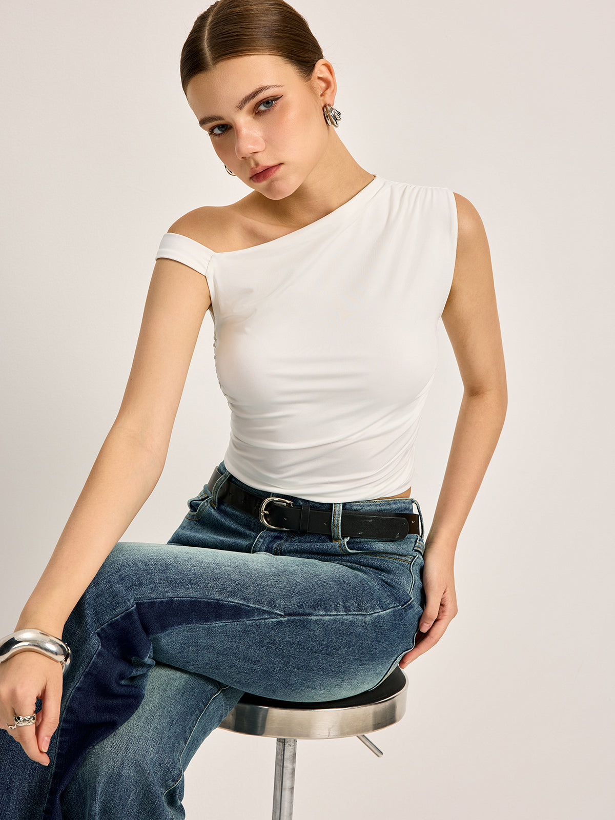Women’s Asymmetrical Neck Jersey Top — Short Sleeve Stretch Regular Fit Casual Work Essential Blouse 4