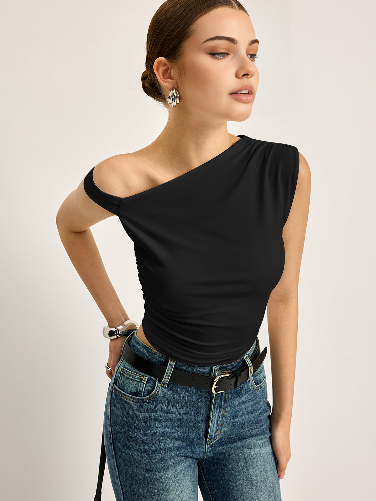 Women’s Asymmetrical Neck Jersey Top — Short Sleeve Stretch Regular Fit Casual Work Essential Blouse 6