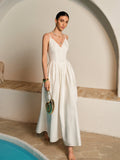 Women’s Backless Pleated Maxi Dress — V-Neck Sleeveless Elegant Party Wedding Vacation Long Dress 0