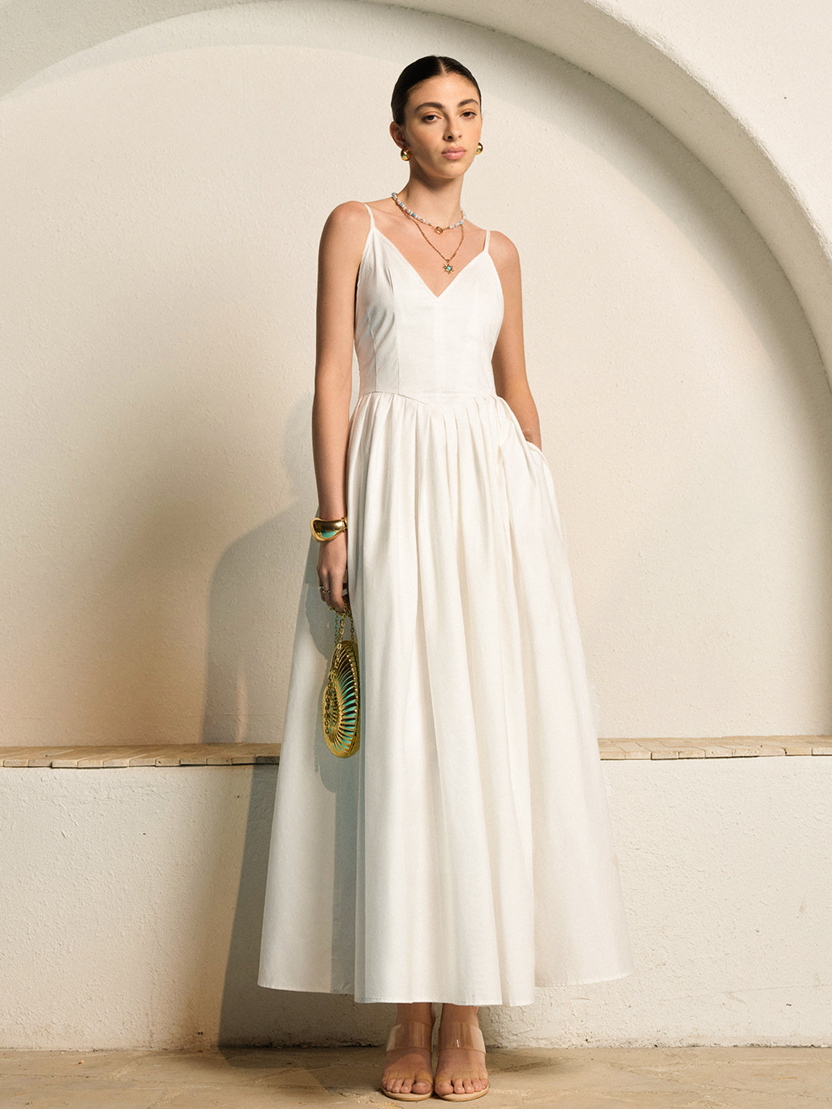 Women’s Backless Pleated Maxi Dress — V-Neck Sleeveless Elegant Party Wedding Vacation Long Dress 2