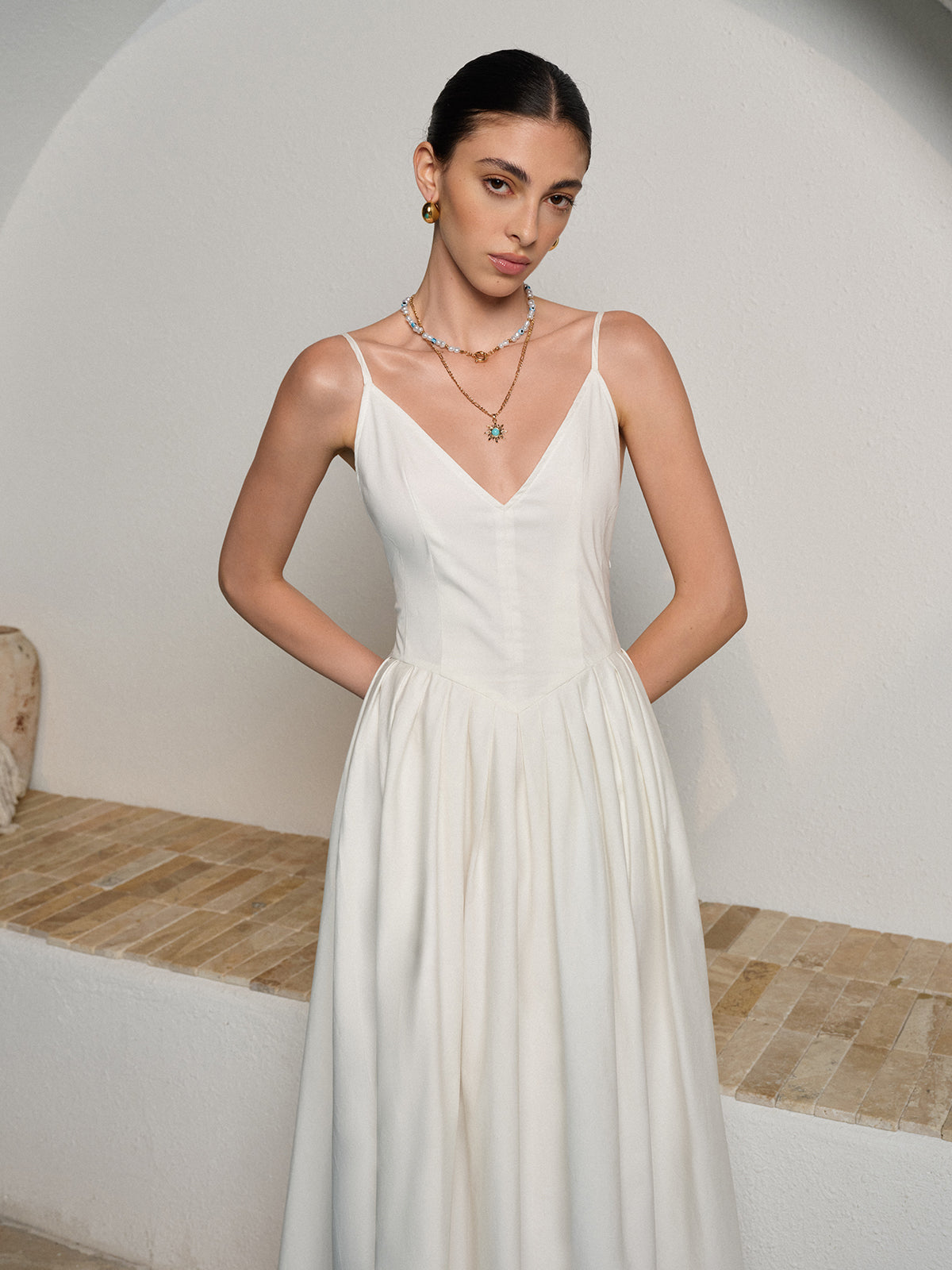 Women’s Backless Pleated Maxi Dress — V-Neck Sleeveless Elegant Party Wedding Vacation Long Dress 5