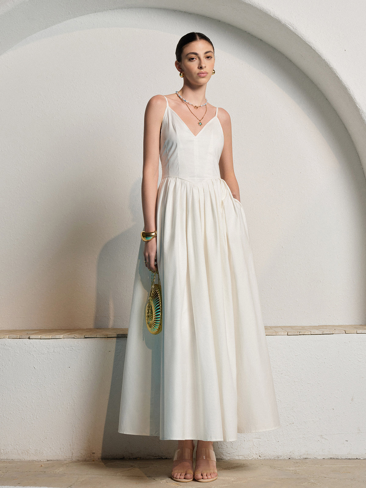 Women’s Backless Pleated Maxi Dress — V-Neck Sleeveless Elegant Party Wedding Vacation Long Dress 6