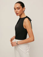 Women’s Backless Tie Neck Top — Sleeveless Woven Blouse Regular Fit Elegant Casual Work Leisure Top 3