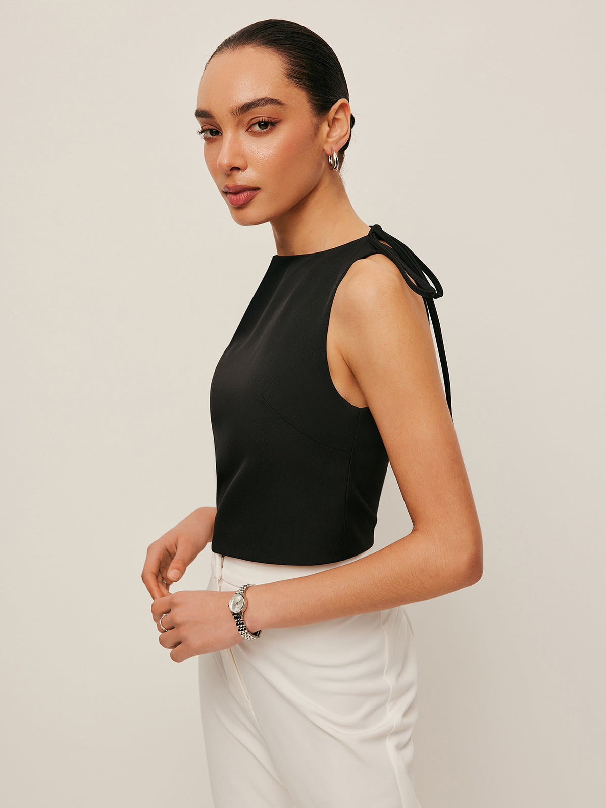 Women’s Backless Tie Neck Top — Sleeveless Woven Blouse Regular Fit Elegant Casual Work Leisure Top 3