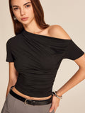 Women’s Cold Shoulder Jersey Top — Asymmetrical Neck Short Sleeve Slim Fit Casual Stretch Crop Top 0