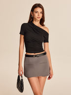 Women’s Cold Shoulder Jersey Top — Asymmetrical Neck Short Sleeve Slim Fit Casual Stretch Crop Top 2