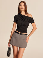 Women’s Cold Shoulder Jersey Top — Asymmetrical Neck Short Sleeve Slim Fit Casual Stretch Crop Top 3