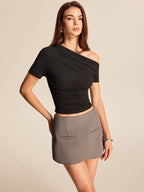 Women’s Cold Shoulder Jersey Top — Asymmetrical Neck Short Sleeve Slim Fit Casual Stretch Crop Top 5