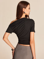 Women’s Cold Shoulder Jersey Top — Asymmetrical Neck Short Sleeve Slim Fit Casual Stretch Crop Top 6